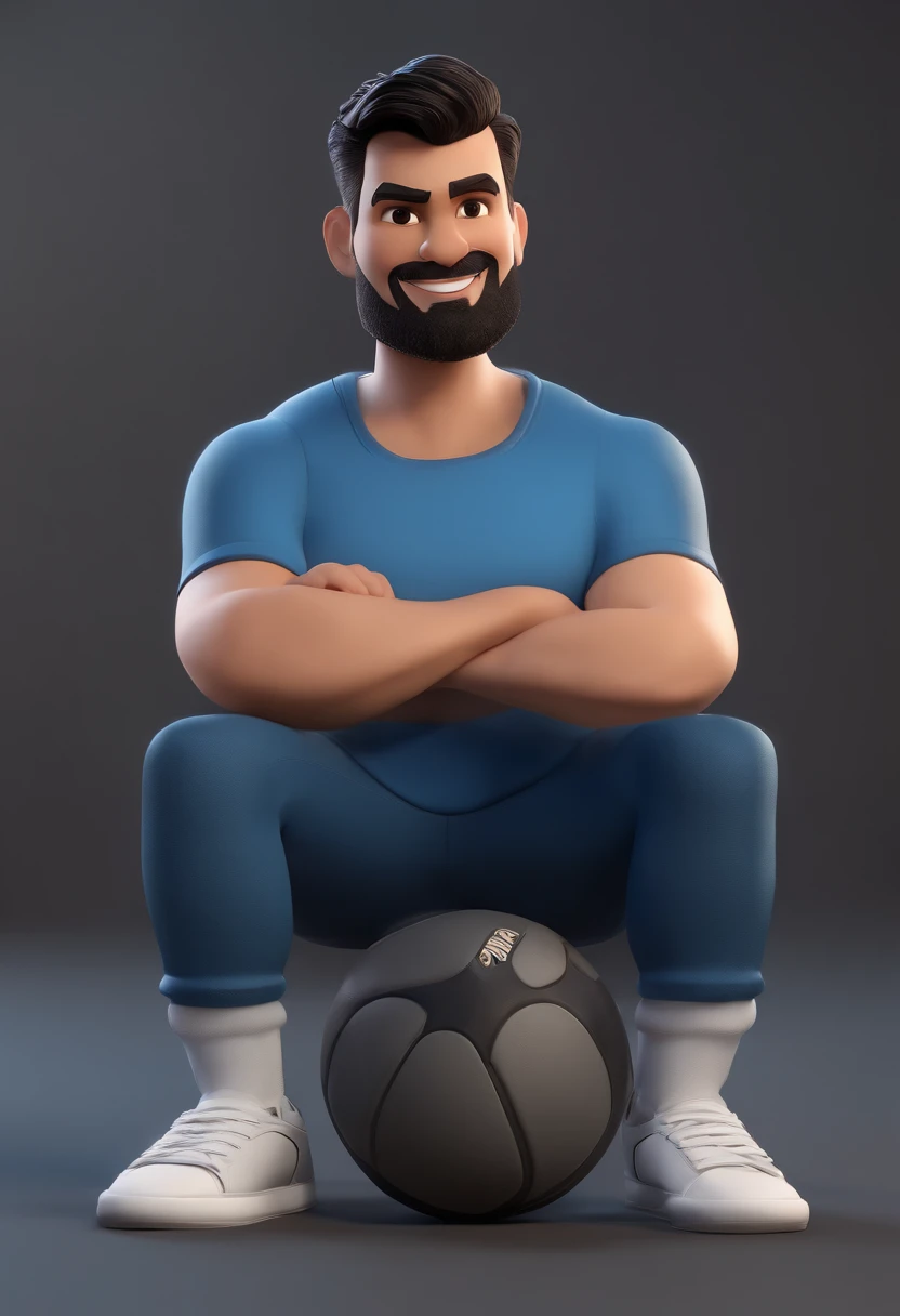 Cartoon character of a Man with short black hair, with brown eyes, drawn beard, blue t-shirt with a volleyball design, wearing jeans and black and white nike dunk sneakers and holding a microphone in his hand, animation character, Caractere estilizado, ani...