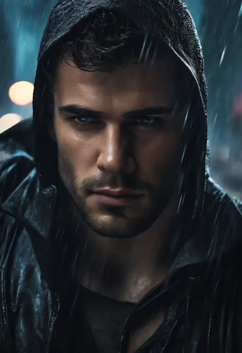 homem forte, com face triste, In the rain looking like a modified hero in a cyberpunk-style city, alta resolução, 3d,hd