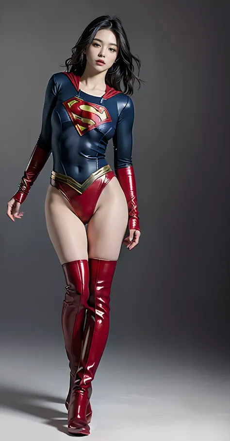 Beautiful girl fighting、japanes、Cute Beautiful Girl、(((Wear black tights on your beautiful legs.)))、(((beauty legs)))、(((Open thighs)))、((((Make the most of the original image)))、(((Supergirl Costume)))、(((Beautiful hair with short cuts)))、(((Injured)))、((...