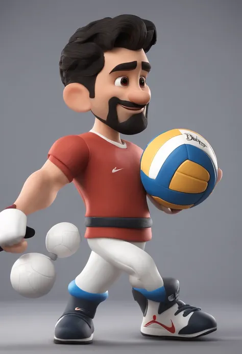 Cartoon character of a Man with short black hair, with brown eyes, drawn beard, blue t-shirt with a volleyball design, wearing jeans and black and white nike dunk sneakers and holding a microphone in his hand, animation character, Caractere estilizado, ani...