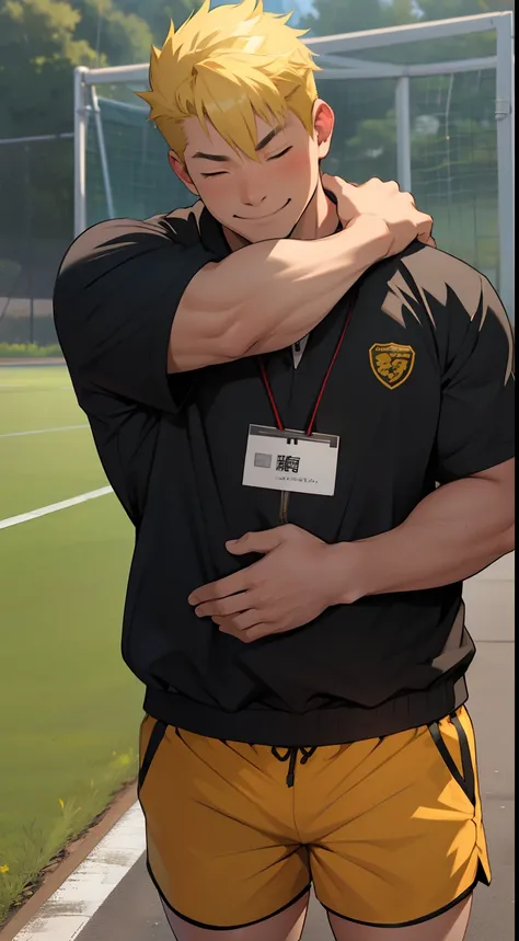 1man,  naofumi iwatani, yellow hair, closed eyes, smiling, (chubby:0.9), sports (((teacher))), wearing black (((tiny shorts))), bulge, school yard background