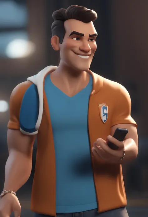 Cartoon character of a Man with short black hair, with brown eyes, drawn beard, blue t-shirt with a volleyball design, wearing jeans and black and white nike dunk sneakers and holding a microphone in his hand and a mobile phone in other hand. animation cha...