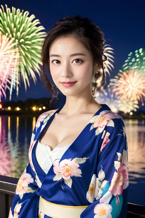 ((Masterpiece, Highest quality, super definition, High definition)), Solo, Beautiful girl, Shining eyes, Perfect eyes, beautiful sister of Japan, Fluffy breasts, cleavage, fireworks at night in the background, High quality, 4K, Floral yukata, Fireworks