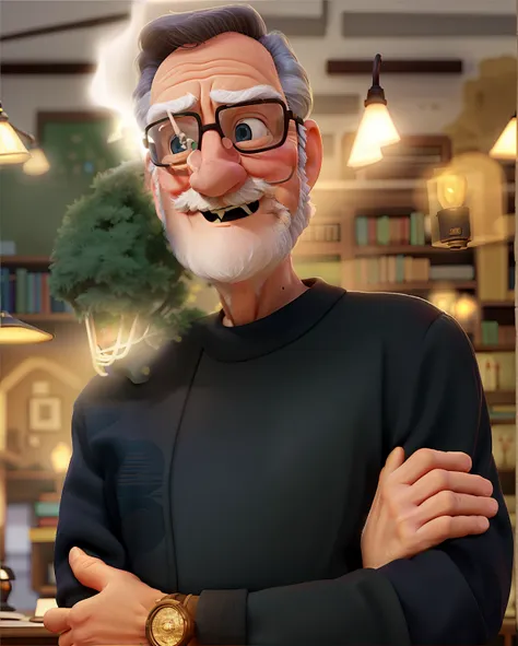 A wise old man standing in front, illuminated by the light of a lamp, against the backdrop of a library