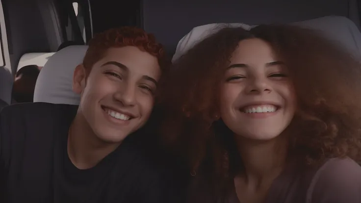 There are two people who are smiling and posing for a photo, Imagens granuladas, both smiling for the camera, ambos rindo, videoclipe, they are siblings, granulado de baixa qualidade, granulado de baixa qualidade, Charli Bowater e Artgeem, casal sorridente...