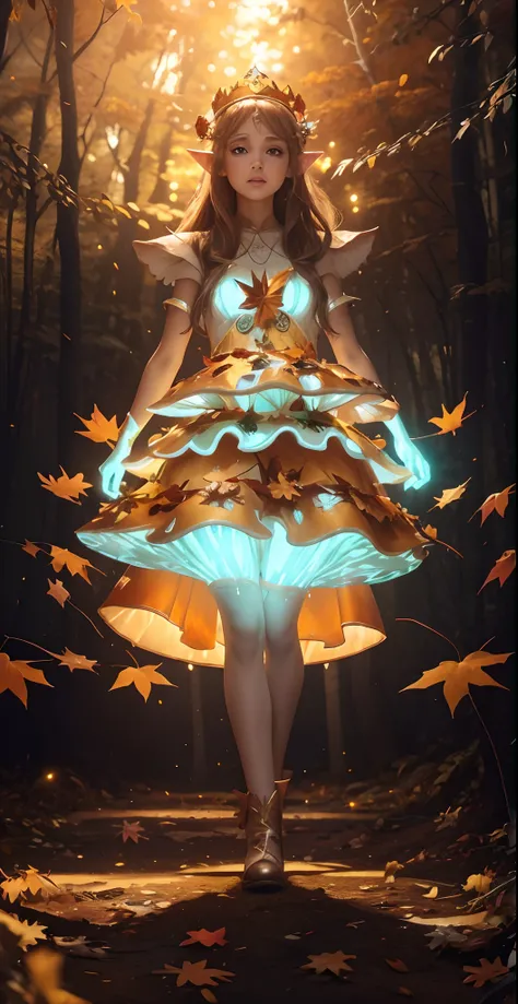 An full body shot of an Elfgirl wearing a subtle autumn multi-color skirt shaped like a mushroom, on her head she wears a crown of autumn leaves twigs and flowers, in a plush autumn forest clearing which is the forest shimmers with an almost faint biolumin...