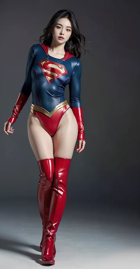 Beautiful girl fighting、japanes、Cute Beautiful Girl、(((Wear black tights on your beautiful legs.)))、(((beauty legs)))、(((Open thighs)))、((((Make the most of the original image)))、(((Supergirl Costume)))、(((Beautiful hair with short cuts)))、(((Injured)))、((...