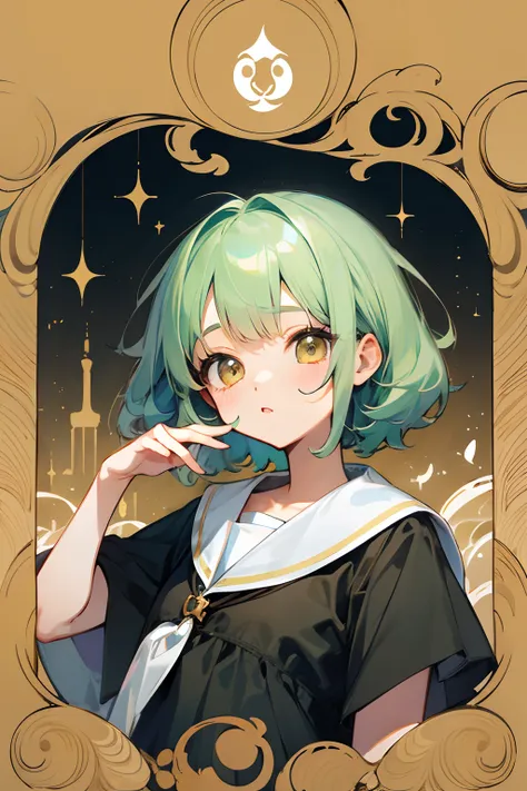 Pastel green hair color、Golden eyes、cute little、Transcendent Cute、Clear department、onepiece、small loli girl