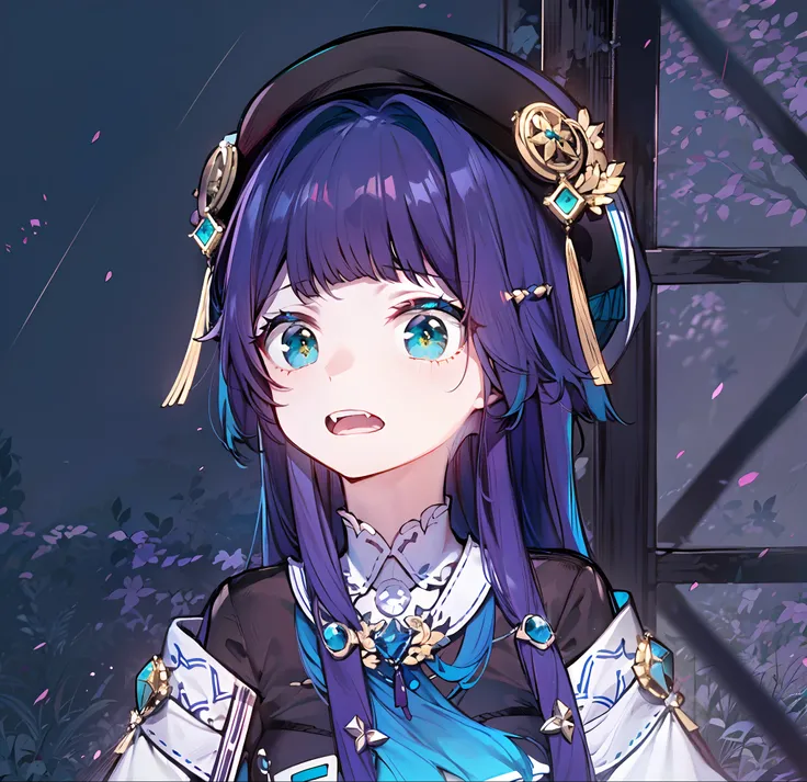 (masterpiece:1.2), (pale skin:1.2), (solo:1.2), (female:1.1), (emphasis lines:1.3), (blue hair:1.3), long hair, headwear, outdoors, green eyes, surprised