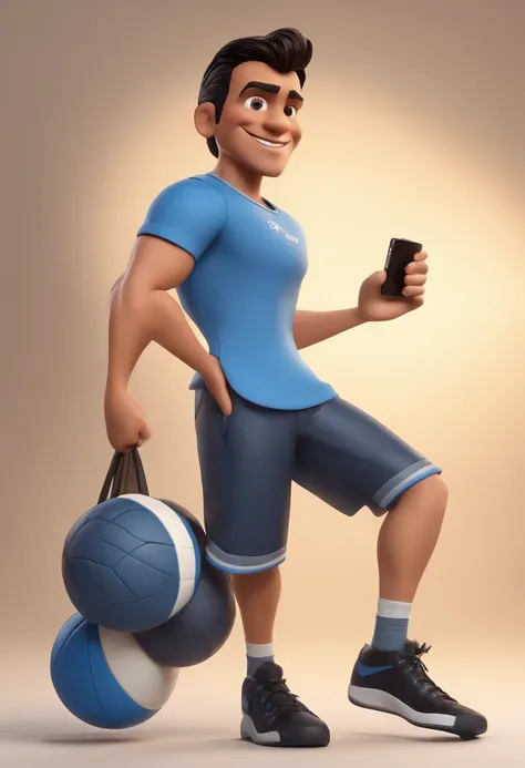 A Disney pixar character of a Man with short black hair, with brown eyes, drawn beard, blue t-shirt with a volleyball design, wearing blue jeans pants and black and white nike dunk sneakers and holding a microphone in his hand and a mobile phone in other h...