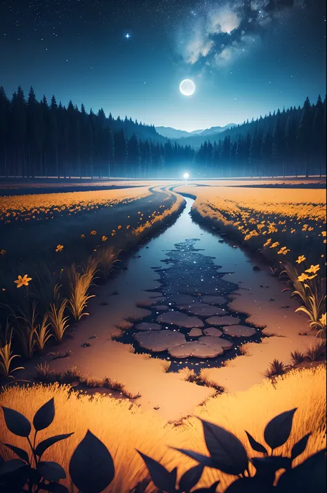 A beautiful darkish night,sky filled with stars, beautiful blue colour flower field,landscape, full beautiful moon,ultra realistic 8k quality,