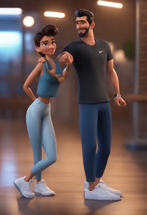 A Disney pixar character of a Man with short black hair, with brown eyes, drawn beard, blue and black t-shirt , wearing blue jeans pants and black and white nike dunk sneakers and holding a microphone in his hand and a mobile phone in other hand. animation...