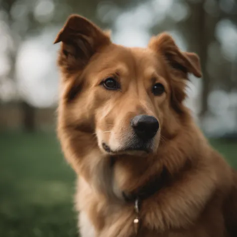 Generate an image of a caramel-colored dog with medium to large size. The dog should have a darker shade of fur on its back and exhibit a friendly, approachable expression. Its a mixed-breed dog with no specific breed characteristics