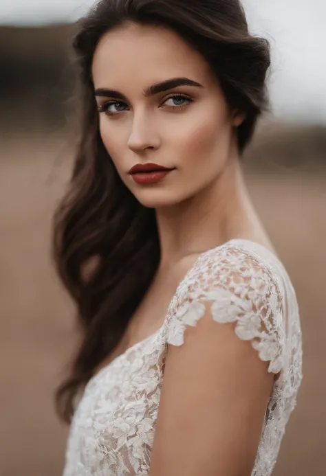 A close-up portrait of a 20-year-old brunette girl with a white background in neutral tones, labios rojos y ojos azules, los rayos deben resaltar los detalles, especialmente alrededor de los ojos y los labios. El cabello debe verse natural, suelto y ligera...