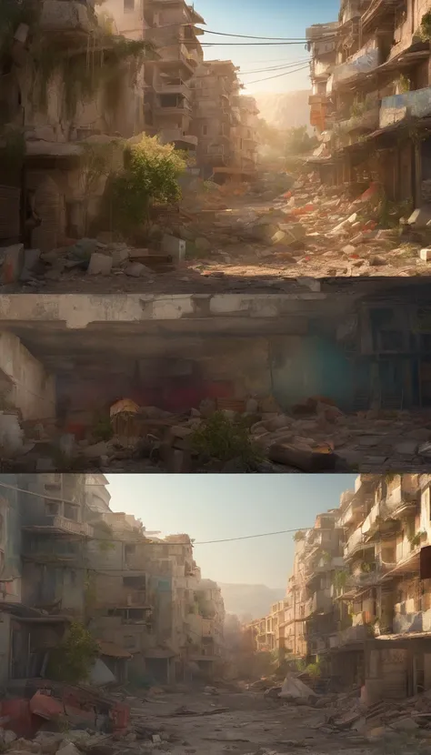 (best quality,4k,8k,highres,masterpiece:1.2),ultra-detailed,(realistic,photorealistic,photo-realistic:1.37),destroyed abandoned city in Palestine,kids hugging watermelon,war-torn buildings,crumbling infrastructure,dust-covered streets,barren landscapes,dev...