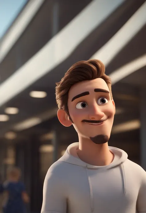 a happy cute, homem de 35 anos cabelo curto e com barba  vestindo um terno social, , fundo branco, barnet, Tom, Estilo Pixar, ....3d, desenhos animados, rosto detalhado (baseado na  imagem) asymmetrical 16k homem de 35 anos, cabelo escuro, olhos castanhos ...