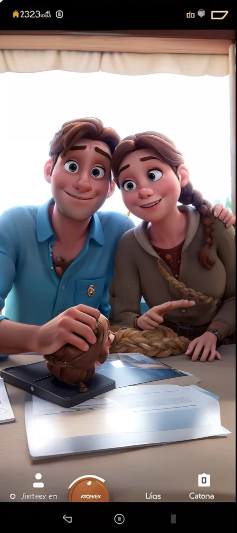 Mulher, brown hair with braid, olhos castanhos e homem cabelo curto, castanho e olhos castanhos no estilo filme Disney Pixar