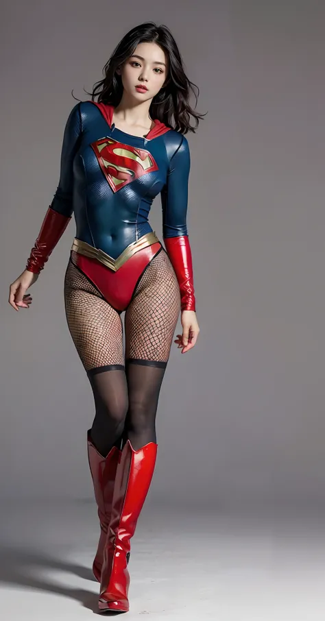 Beautiful girl fighting、japanes、Cute Beautiful Girl、(((Wear black tights on your beautiful legs.)))、(((beauty legs)))、(((Open thighs)))、((((Make the most of the original image)))、(((Supergirl Costume)))、(((Beautiful hair with short cuts)))、(((Injured)))、((...