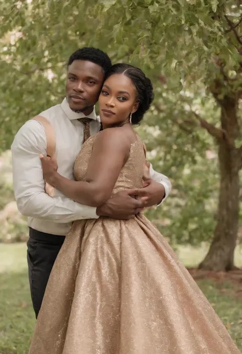 Theres a man and a woman together under a tree, fazendo uma pose elegante, usando um vestido africano, usando um vestido formal, usando um vestido elegante, Directed by: Chinwe Chukwuogo-Roy, wearing an academic gown, usando um vestido, traje formal, Photo...