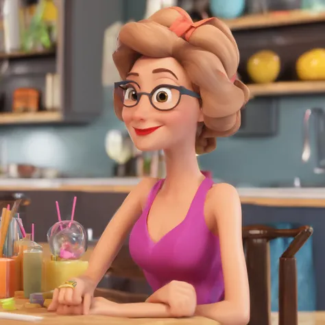 Crie uma cena de desenho animado  estilo 3d -Pixar, Onde uma mulher, de cabelos cacheados negris com 49 anos de idade, ela esta costurando de vestido e avental.