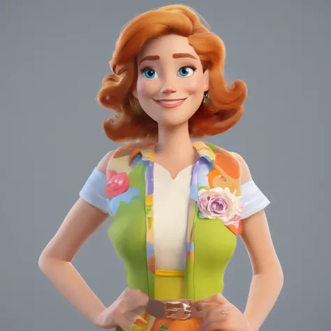 Crie uma cena de desenho animado  estilo 3d -Pixar, Onde uma mulher, de cabelos cacheados negris com 49 anos de idade, ela esta costurando de vestido e avental.