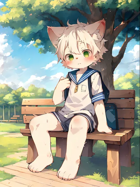 masutepiece, High quality, Absurd resolution, Digital Painting  (The artwork ), By Dagasi, yupa, Kiyosan, (fluffy fur, White fur, Full body fur,), Male child,elementary student,独奏,1 person, Green eyes, White hair,Carrying a school bag on your back,Ears low...