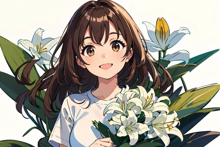 (Best quality, Masterpiece),Sunny，Broad lens，(Brown hair long)，Lively cute girl with long brown hair，A big smile，Wearing a wide white T-shirt，Holding a bouquet of lilies，There are a lot of white lilies around，White flowers，A black Don dog