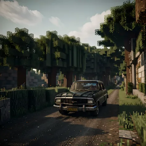 (best quality,highres,masterpiece:1.2),ultra-detailed,realistic:1.37,photography,4 door sedan,1950s,black,street,minecraft vehicle,nature,forest,muddy road,earth road,minimalist style,mixed with Minecraft style,retro,vintage,classic car,old-fashioned,aged,...