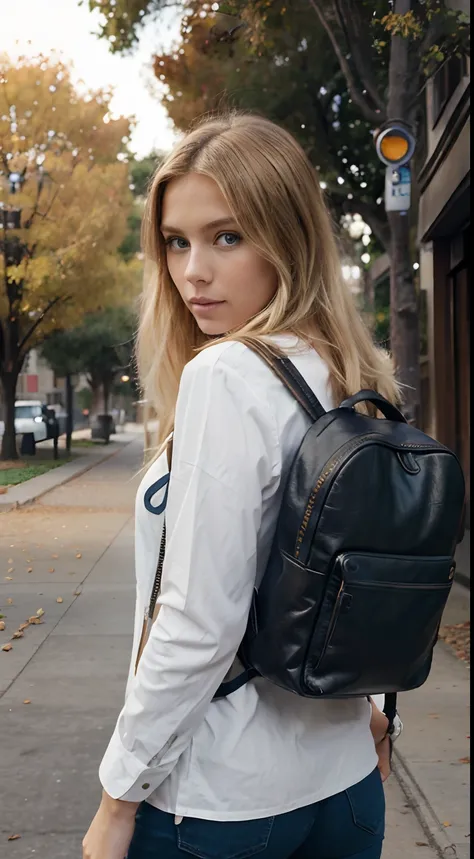 a photo realistic beautiful 26 years old model woman with blonde hair and blue eyes, cute and innocent. Clothed with classy brown autumn leather jacker and wearing a backpack in front of an old looking University of California in the background