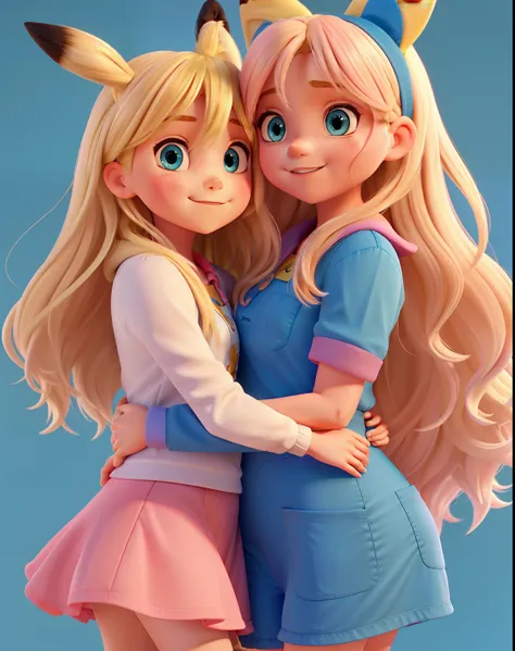 Uma linda mulher de cabelos longos, Plain and pink in color hugging a girl with blond hair and blue eyes dressed in Pikachu costume