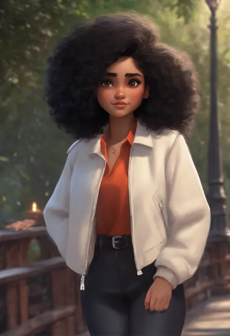 Image of a girl who has big black hair, is straight, brown eyes, white Pele, black clothes with jacket in Pixar format,