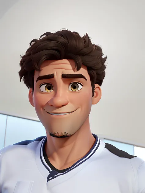 Poster no estilo Disney pixar, alta qualidade, melhor qualidade, homem sexy negro, 18 anos cabelo cacheado cavanhaque, musculoso, com fundo