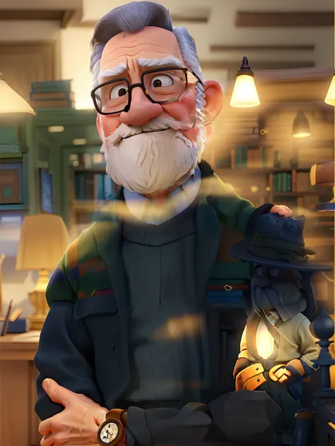 A wise old man standing in front, illuminated by the light of a lamp, against the backdrop of a library