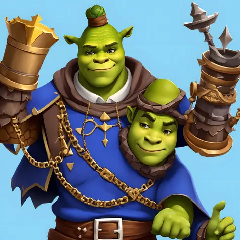 Shrek dressing as the dark prince from the game clash royale in a blue background