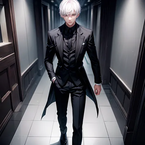 White hair, short hair, black eyes, dark eyes, teenager, glowing eyes, handsome male, male protagonist, all black suit, cape, dark hallway background, dark grey energies