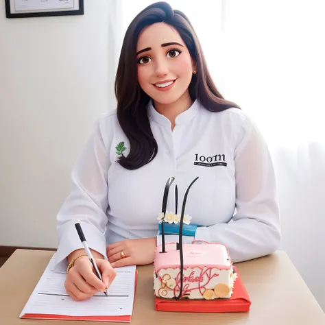 mulher sorridente em casaco branco sentada em uma mesa com um bolo e caneta, Lorena Avarez, by Amelia Peláez, by Gina Pellón, retrato de uma patologista, fernanda suarez, Magda Torres Gurza, Adriana DXIM, Estefania Villegas Burgos, Directed by: Manuel Orti...