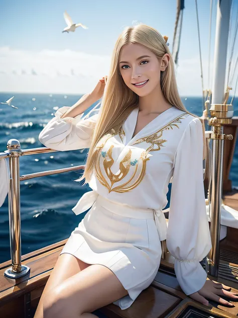 (((masutepiece, Highest Quality, High Definition, high detailing)))), ((((Fantasy))), One, (Elven Woman)))), (White short skirt with gold embroidery), (Blonde long straight hair), (shiny dark green eyes), (White ruffled blouse with gold embroidery), Medium...