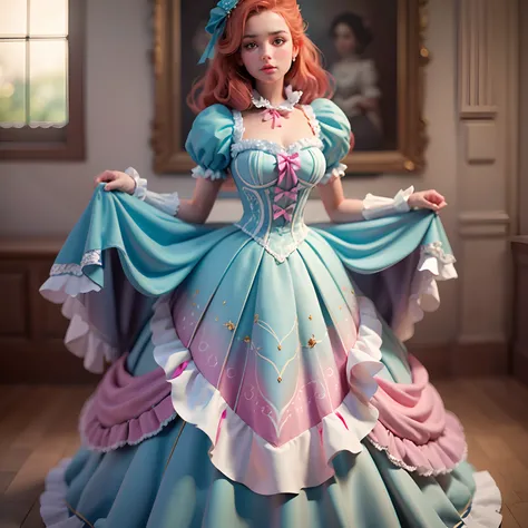 best quality, masterpiece, best definition, artwork, super detailed, many details, details, detailed, woman, 20 years, full body, full body, ball gown, super detailed dress, long dress, dress with many ruffles, dress with many bows, pink bows, victorian dr...