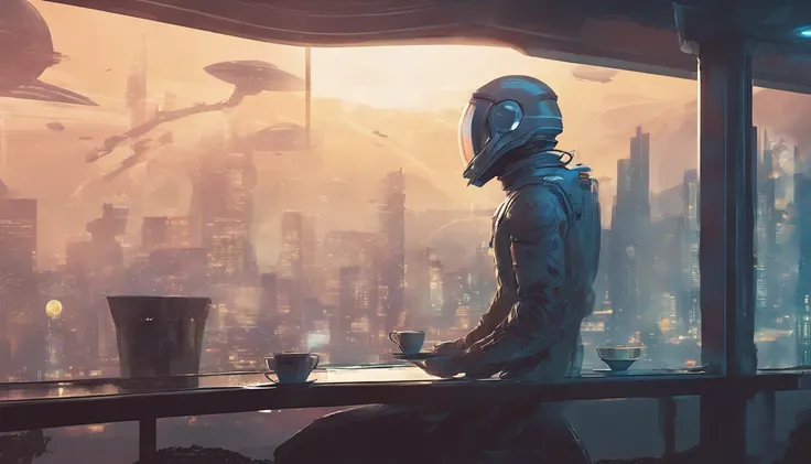 brewing coffee, Man looking out of the glass of a room a CITY in 2045 FOG, zoom out, Space ship, new world, color grading, Espresso machine on the table,