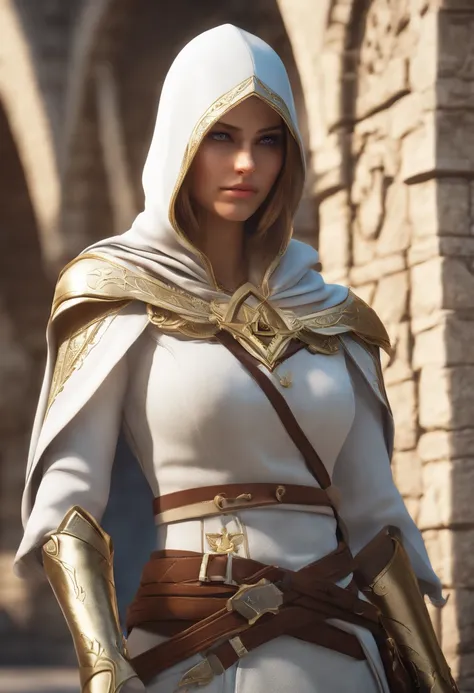 (zelda princess:1.1,full body shot)(brown hair)(blue eyes:1.1)(dressed as an Assassins Creed assassin)(white + gold white mask, hood with gold details)(XL bust)(wielding a wrist blade)(renaissance city background)(Unreal Engine 5)(anime style)(masterpiece:...