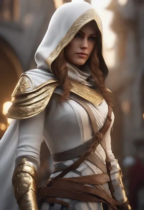 (zelda princess:1.1,full body shot)(brown hair)(blue eyes:1.1)(dressed as an Assassins Creed assassin)(white + gold white mask, hood with gold details)(XL bust)(wielding a wrist blade)(renaissance city background)(Unreal Engine 5)(anime style)(masterpiece:...