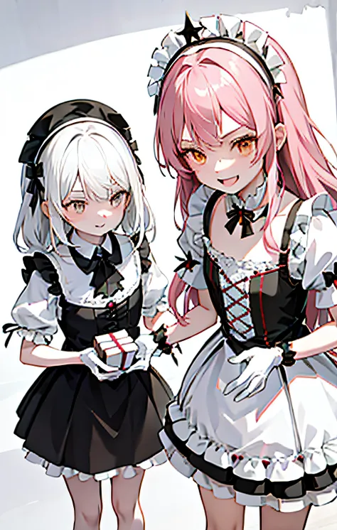 two young girls, one with pink hair, one with white hair, both wearing different red and white colored christmas costumes, close...