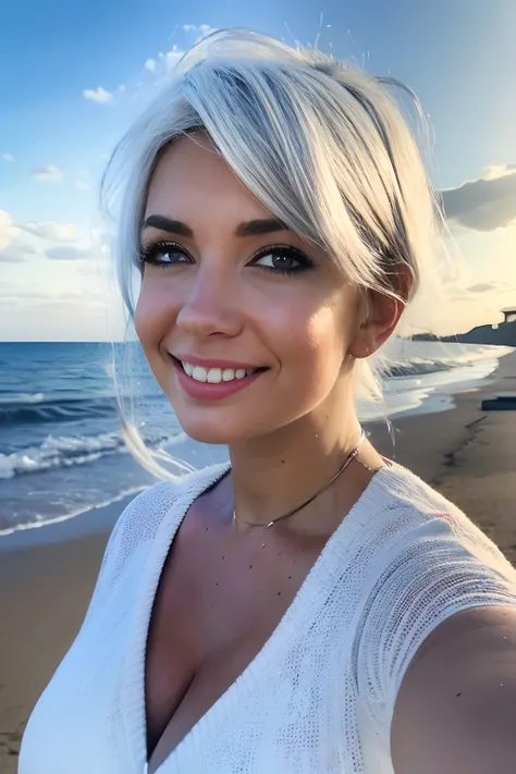 a portrait of alanahpearce, in a wonderful beach, (white hair:1.3)