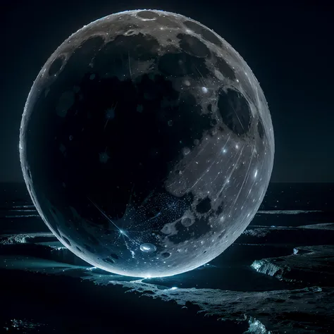 Massive Moon made of crystal, stars, galaxies, night, shining, amazing, spectacular, over the sea