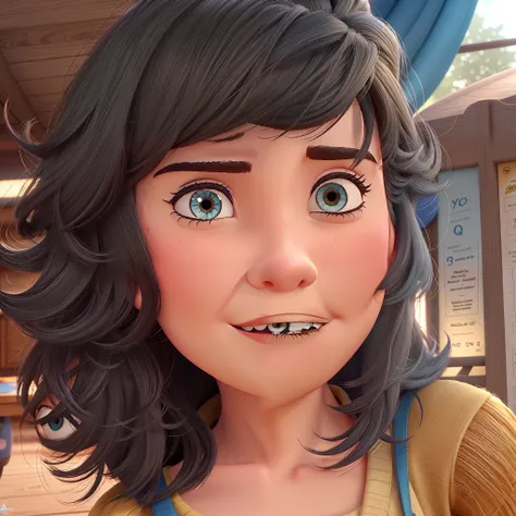 poster no estilo disney pixar, uma mulher com cabelo castanho escuro e com franja, estilo disney pixar, alta qualidade, melhor qualidade