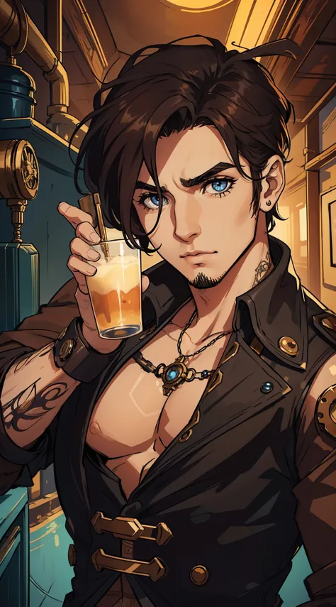 1 homem de olhos azuid intenso steampunk cabelo raspado de lado e com tattuagens ((melhor qualidade)) ((perfect hands))