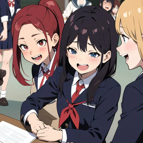 Anime style, Background school, school, bullying, 3 girls, 2 Offend 1, Laugh, Theyll laugh, Insult, laughter, Bullying at school