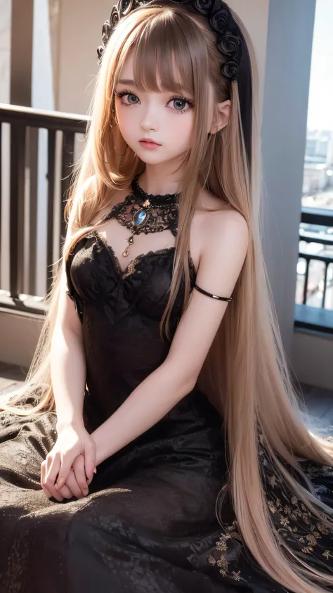 4K ulta hd, masterpiece, 1 girl, good face, very long hair, hair ornament, light makeup, detailed eyes, small round breast, ultra detailed clothes,  (black princess dress:1.5), lace:1.5, (shining dress:1.8), strap dress, necklace, jewellery, amazing balcon...