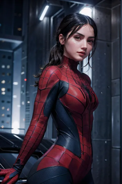 4K, realista, charismatic, muy detallada, anamr en la cima de la ciudad, con traje de Spiderman, Shes a Spider-Man, SpidermanClasic female, cabello largo blanco, 25-years old, cuerpo completo