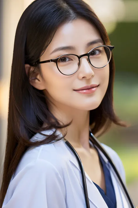 Woman in her early 40s　japanes　A dark-haired　Long　physician　Female doctor　Manteau blanc　stethoscope　card　A slight smil　Breasts are big　Sensible　Beautie　Beautuful Women　Intellectual glasses　Glasses with metal frames　clothed、(Photo Real:1.4)、(hyper realisiti...